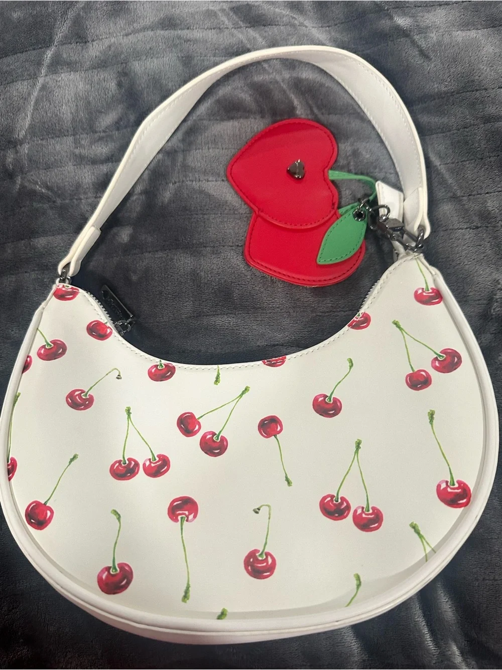 Betsey Johnson White Cherry Shoulder Bag with Red Heart Charm